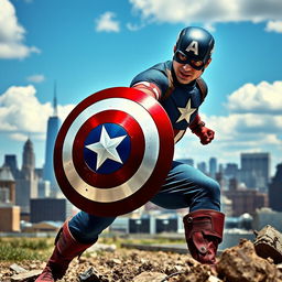 A dramatic scene depicting Captain America, dressed in his iconic red, white, and blue costume, energetically throwing his shield