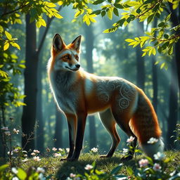 A mythical scene of a majestic fox standing proudly in a lush forest, surrounded by vibrant flora and a soft sunlit atmosphere