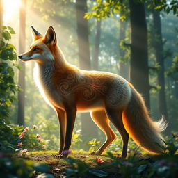 A mythical scene of a majestic fox standing proudly in a lush forest, surrounded by vibrant flora and a soft sunlit atmosphere