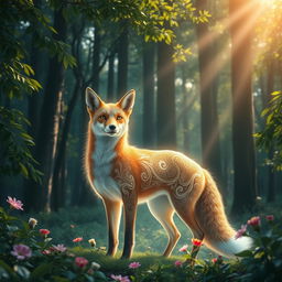 A mythical scene of a majestic fox standing proudly in a lush forest, surrounded by vibrant flora and a soft sunlit atmosphere