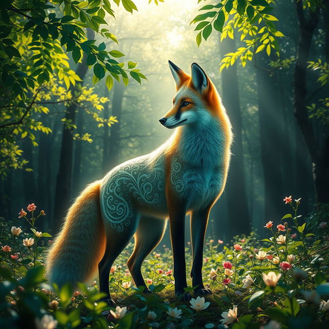 A mythical scene of a majestic fox standing proudly in a lush forest, surrounded by vibrant flora and a soft sunlit atmosphere