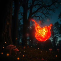 A magical fire red flake, radiating warmth and mystery, floating gently through a twilight forest