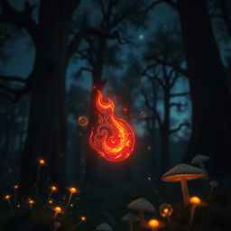 A magical fire red flake, radiating warmth and mystery, floating gently through a twilight forest