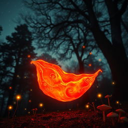 A magical fire red flake, radiating warmth and mystery, floating gently through a twilight forest