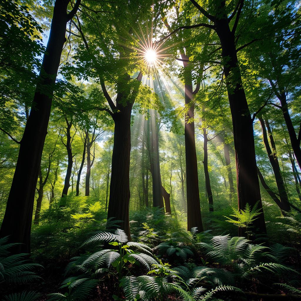 A dense forest background featuring towering trees with thick trunks, a rich canopy of leaves filtering sunlight, a soft underbrush of ferns and wildflowers