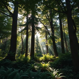 A dense forest background featuring towering trees with thick trunks, a rich canopy of leaves filtering sunlight, a soft underbrush of ferns and wildflowers