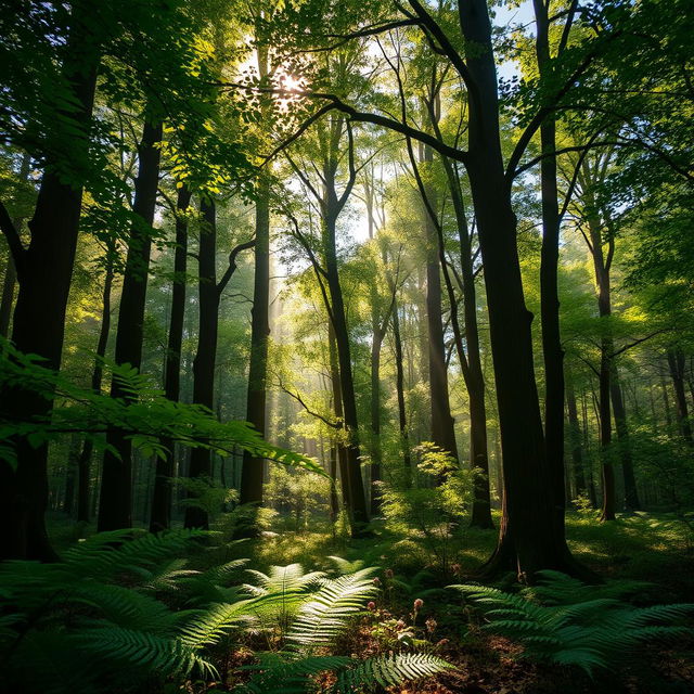 A dense forest background featuring towering trees with thick trunks, a rich canopy of leaves filtering sunlight, a soft underbrush of ferns and wildflowers