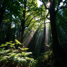 A dense forest background featuring towering trees with thick trunks, a rich canopy of leaves filtering sunlight, a soft underbrush of ferns and wildflowers