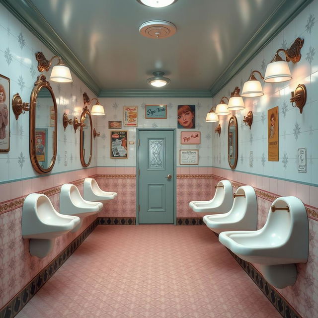 A vintage women's restroom from the 1950s featuring stylish women's urinals