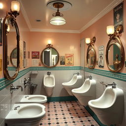 A vintage women's restroom from the 1950s featuring stylish women's urinals