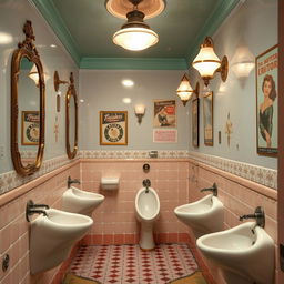 A vintage women's restroom from the 1950s featuring stylish women's urinals