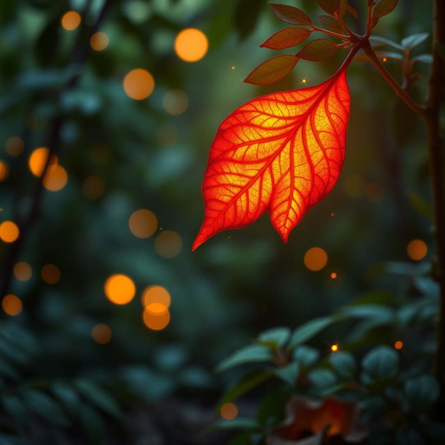 A flake of a fire plant, vibrant and glowing in deep oranges and reds, delicately floating through a mystical forest