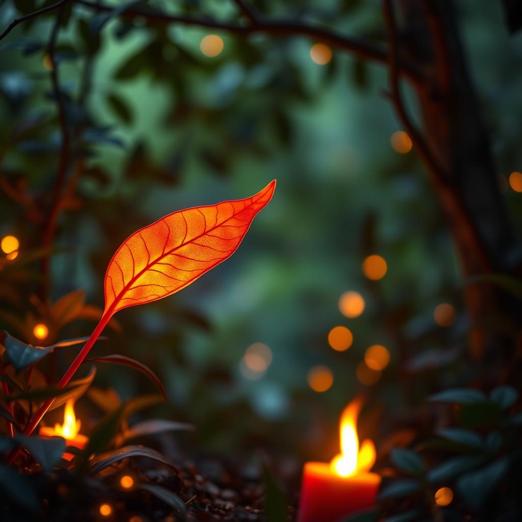 A flake of a fire plant, vibrant and glowing in deep oranges and reds, delicately floating through a mystical forest