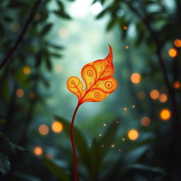 A flake of a fire plant, vibrant and glowing in deep oranges and reds, delicately floating through a mystical forest