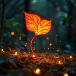 A flake of a fire plant, vibrant and glowing in deep oranges and reds, delicately floating through a mystical forest