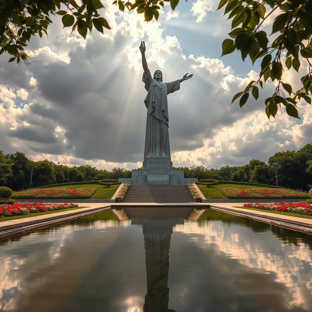 A monumental sculpture symbolizing peace and victory, featuring a soaring figure with outstretched arms, set against a backdrop of golden rays of light streaming from a partly cloudy sky