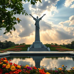 A monumental sculpture symbolizing peace and victory, featuring a soaring figure with outstretched arms, set against a backdrop of golden rays of light streaming from a partly cloudy sky