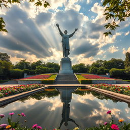 A monumental sculpture symbolizing peace and victory, featuring a soaring figure with outstretched arms, set against a backdrop of golden rays of light streaming from a partly cloudy sky