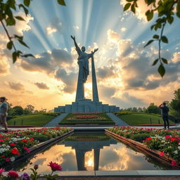 A monumental sculpture symbolizing peace and victory, featuring a soaring figure with outstretched arms, set against a backdrop of golden rays of light streaming from a partly cloudy sky