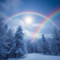 A beautiful winter landscape featuring trees covered in snowflakes, a bright full moon illuminating the scene, and a vibrant rainbow arching across the sky