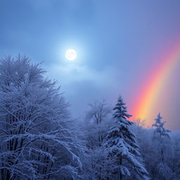 A beautiful winter landscape featuring trees covered in snowflakes, a bright full moon illuminating the scene, and a vibrant rainbow arching across the sky