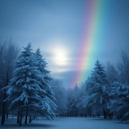 A beautiful winter landscape featuring trees covered in snowflakes, a bright full moon illuminating the scene, and a vibrant rainbow arching across the sky