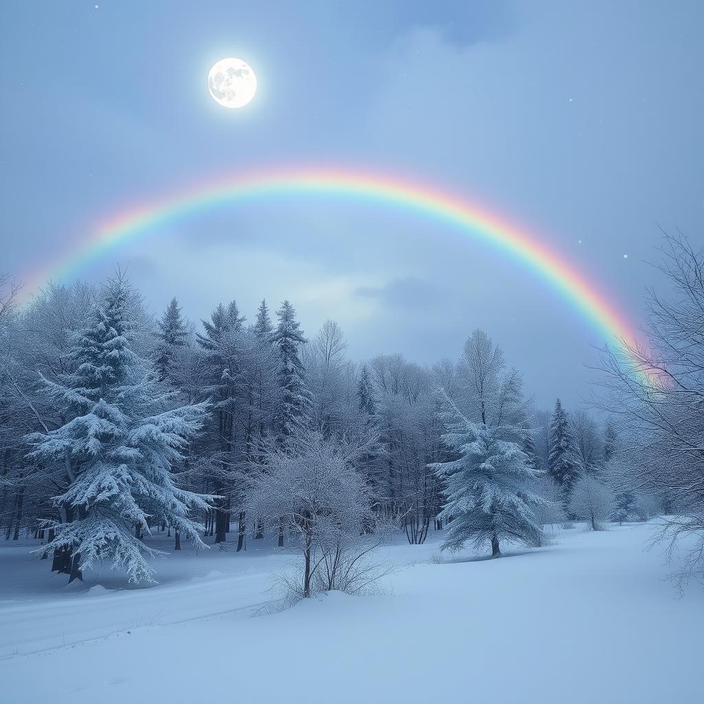 A beautiful winter landscape featuring trees covered in snowflakes, a bright full moon illuminating the scene, and a vibrant rainbow arching across the sky