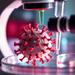 A highly detailed, realistic depiction of a virus particle under a microscope