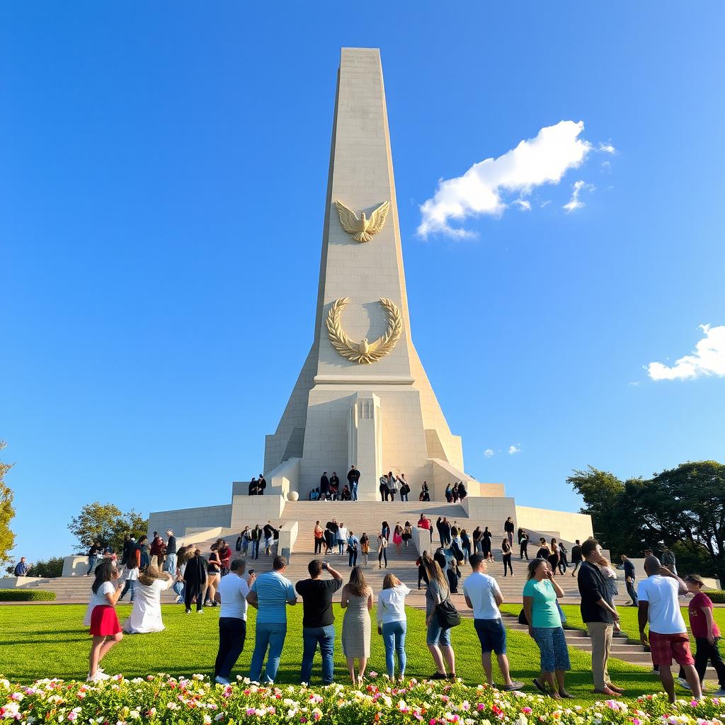 A majestic monument symbolizing peace and victory, standing tall against a clear blue sky