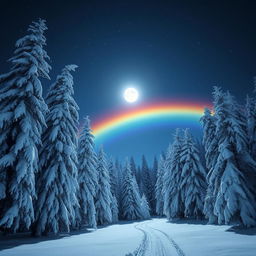 A serene winter landscape with tall, majestic trees covered in fresh white snow