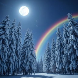 A serene winter landscape with tall, majestic trees covered in fresh white snow