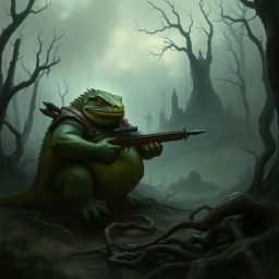 A dark, gritty post-apocalyptic forest landscape