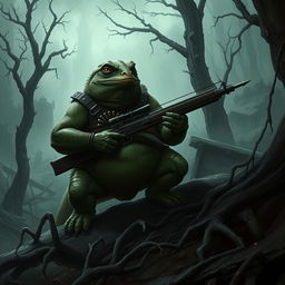 A dark, gritty post-apocalyptic forest landscape