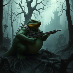 A dark, gritty post-apocalyptic forest landscape