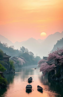 A serene landscape in China showcasing traditional architecture nestled in the mountains