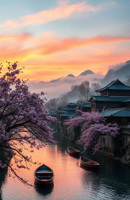 A serene landscape in China showcasing traditional architecture nestled in the mountains