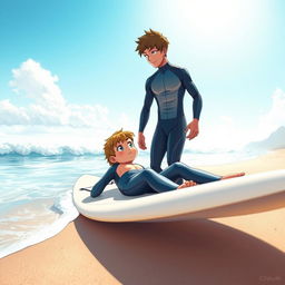 Anime-style fanzine art depicting a friendly teen male character standing on a sandy beach, teaching surfing to his nervous friend who is laying on his surfboard