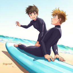 Anime-style fanzine art depicting a friendly teen male character standing on a sandy beach, teaching surfing to his nervous friend who is laying on his surfboard