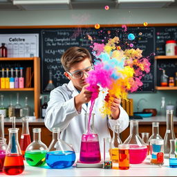 A colorful and vibrant chemistry lab filled with various scientific equipment like beakers, test tubes, and flasks filled with bubbling potions