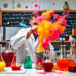 A colorful and vibrant chemistry lab filled with various scientific equipment like beakers, test tubes, and flasks filled with bubbling potions