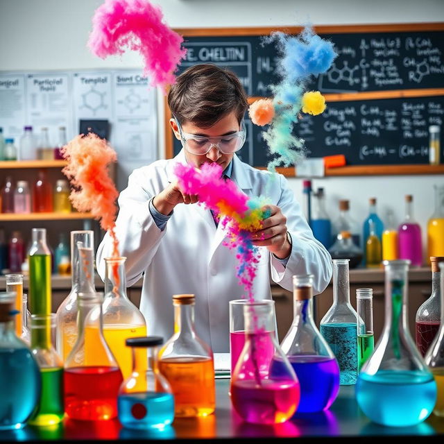 A colorful and vibrant chemistry lab filled with various scientific equipment like beakers, test tubes, and flasks filled with bubbling potions