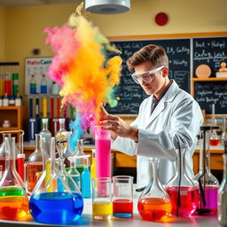 A colorful and vibrant chemistry lab filled with various scientific equipment like beakers, test tubes, and flasks filled with bubbling potions