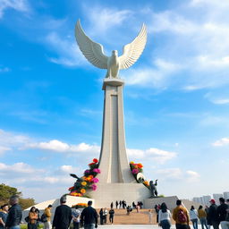 A monumental sculpture representing peace and victory, featuring a large dove with outstretched wings atop a tall pedestal, surrounded by colorful flowers symbolizing harmony