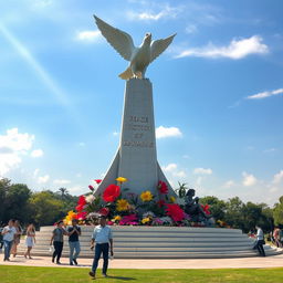A monumental sculpture representing peace and victory, featuring a large dove with outstretched wings atop a tall pedestal, surrounded by colorful flowers symbolizing harmony