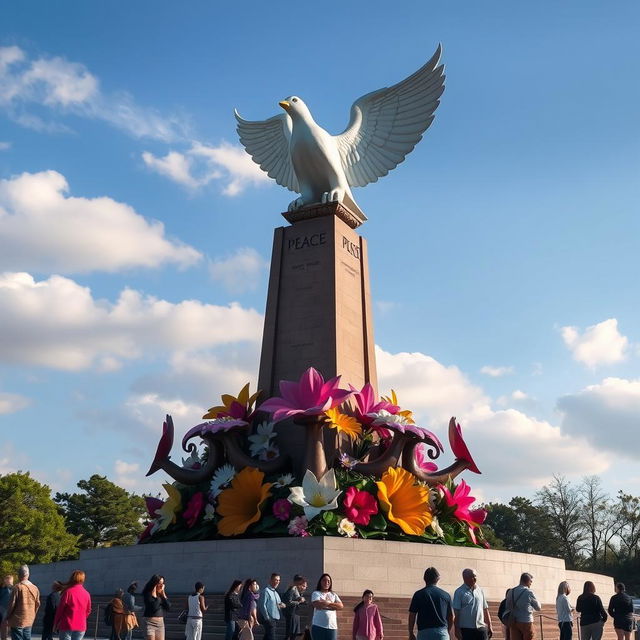 A monumental sculpture representing peace and victory, featuring a large dove with outstretched wings atop a tall pedestal, surrounded by colorful flowers symbolizing harmony