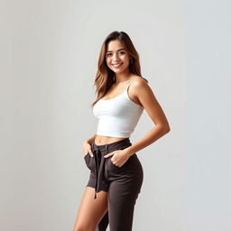A portrait of a slim and fit model posing confidently in a stylish outfit, standing against a minimalist background