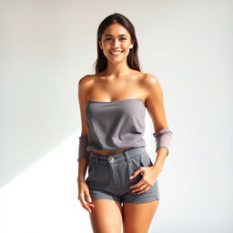 A portrait of a slim and fit model posing confidently in a stylish outfit, standing against a minimalist background