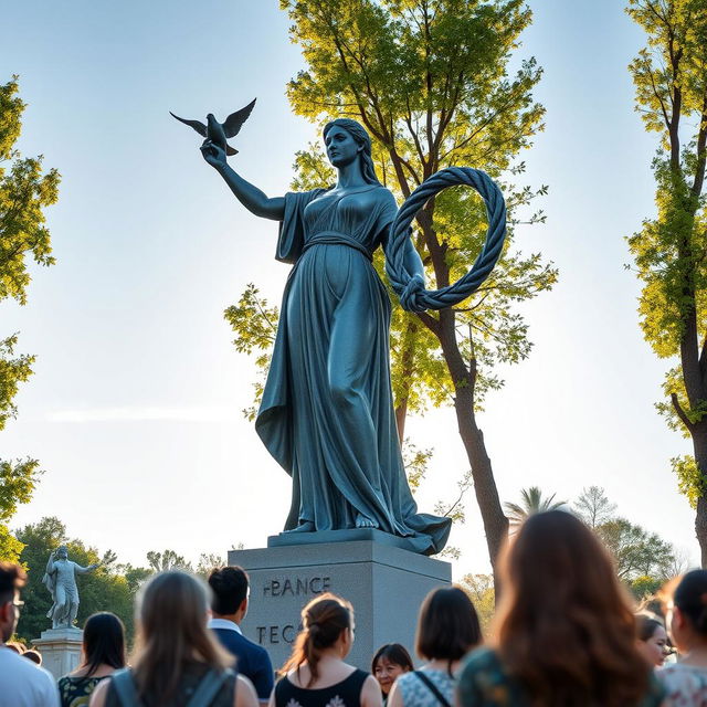 A majestic sculpture symbolizing peace and victory, set in a serene outdoor environment