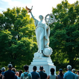 A majestic sculpture symbolizing peace and victory, set in a serene outdoor environment