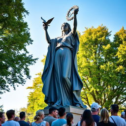 A majestic sculpture symbolizing peace and victory, set in a serene outdoor environment